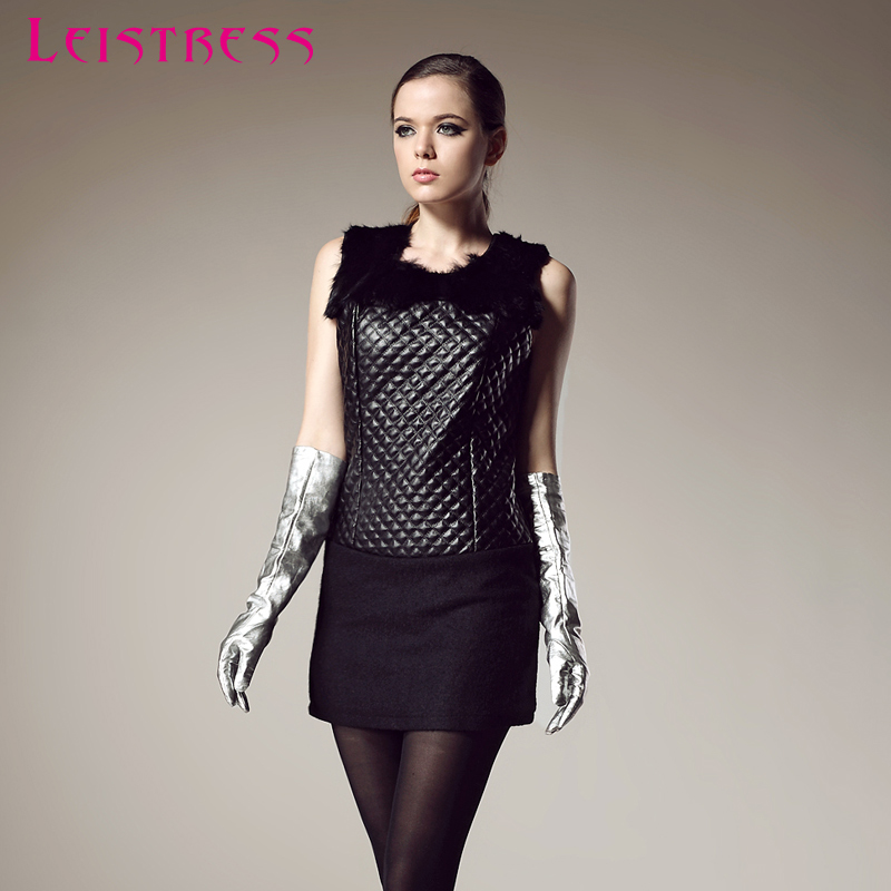 High quality winter new arrival one-piece dress female leather patchwork woolen sleeveless one-piece dress