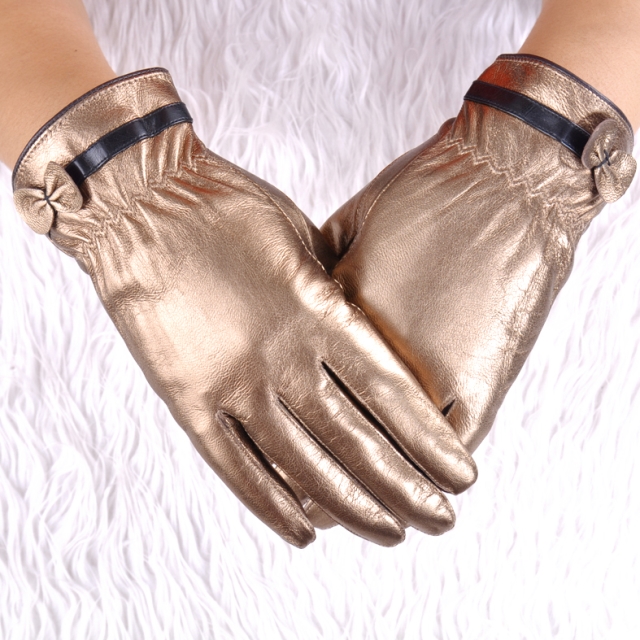 High quality winter thermal women's fashion genuine leather sheepskin gloves gold bow