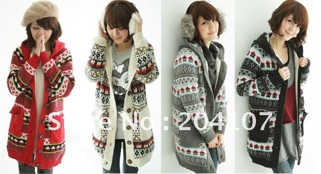 high quality women's fashion cardigan sweaters with hat warm cotton outwear printing design thicken single-breasted.