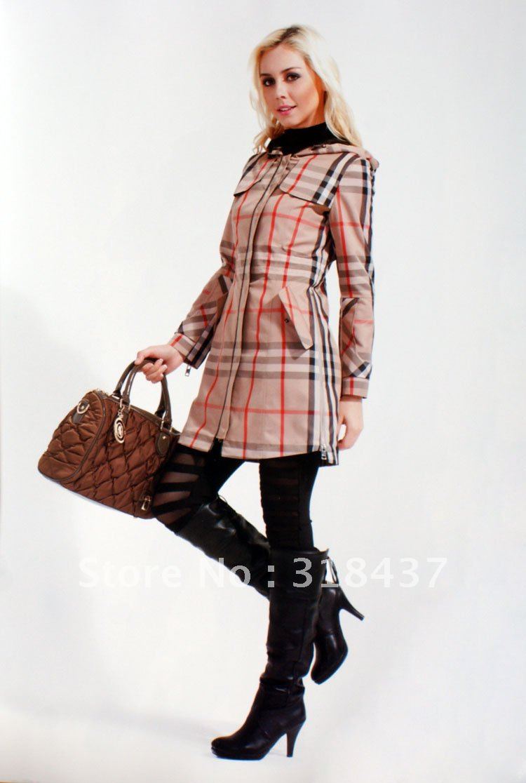 High   Quality  Women's Fashion Slim Plaid  Hooded Trenchcoat ,Factory Outlets, 2012