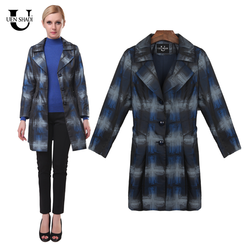 High quality women's spring blue print trench outerwear 7282