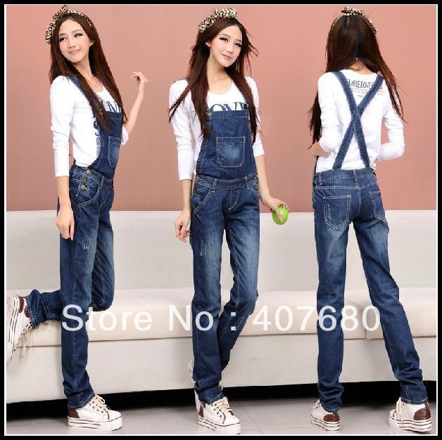 high quality womens blue denim jumpsuit casual cotton overalls suspenders straight trousers rip decorate low waist free shipping