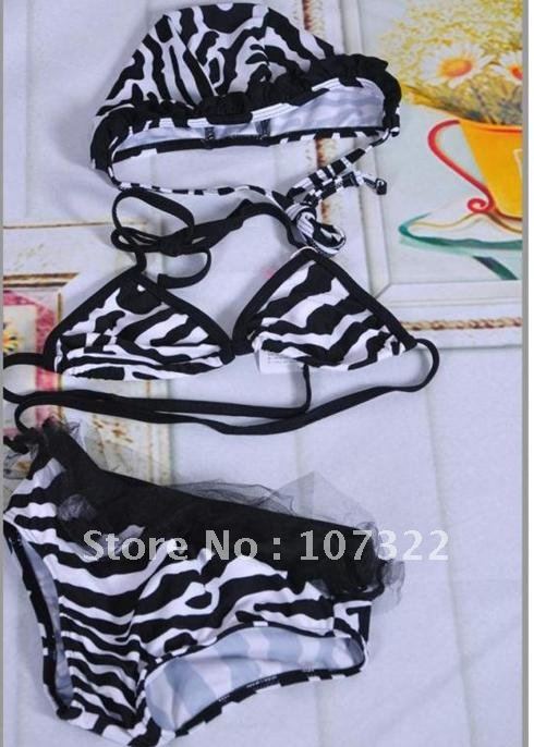 High quality Zebra Stripe childrens girls swimwear bikini , Kid separate Swimsuit + swim cap, Children Clothing/Costume 730017