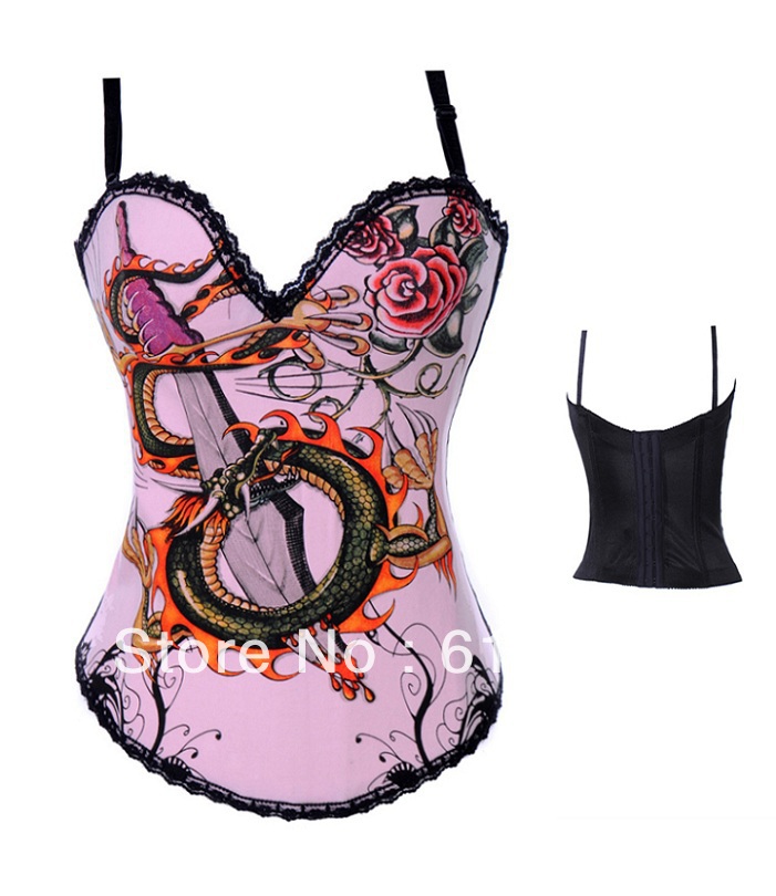 High Qualtiy Mixed Size 6pcs/lot L070 Superior Pink Dragon Pattern Sexy Corsets Top With Panty