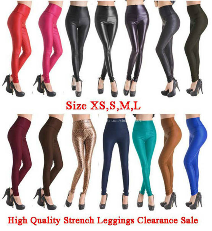 High Rise Strench Skinny Metallic Wet Liquid Leather Shiny High Waisted Leggings Outfits Red Hot Pink Blue Gold Leopard