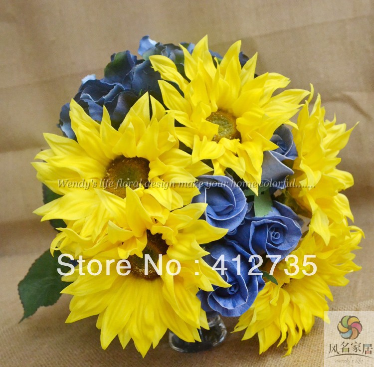 High simulation PU 5 sunflower 5 blue rose hydrangea bouquet bride wedding bouquet photography props