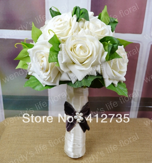 High simulation white rose+Green leaves  bride wedding bouquet