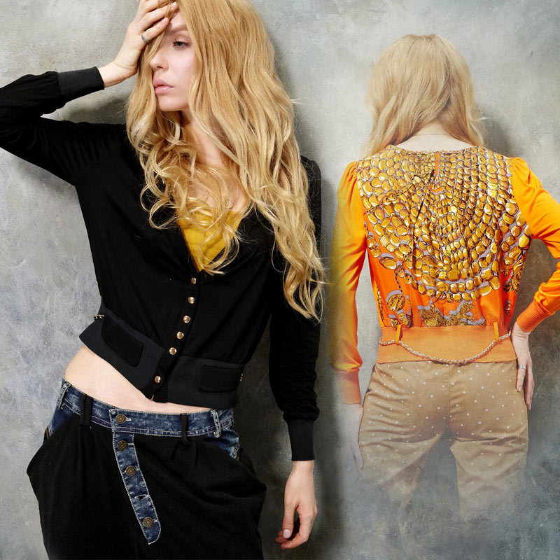 High Street Fashion 2012 Autumn Chiffon Patchwork  Vintage Golden Chain Pattern Jacket Coat ES12014