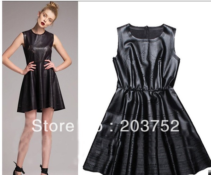 High Street Fashion New In Women Imported PU Luxury Cutout Sleeveless Slim Tank Dress PU leather Cute Dresses