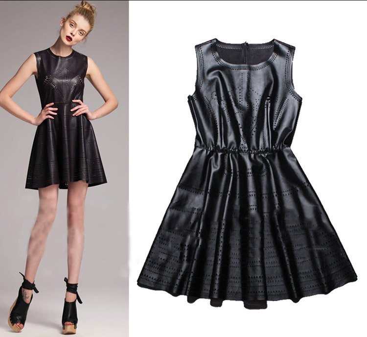 High Street Fashion New In Women Imported PU Luxury Cutout Sleeveless Slim Tank Dress PU leather Cute Dresses SS12495