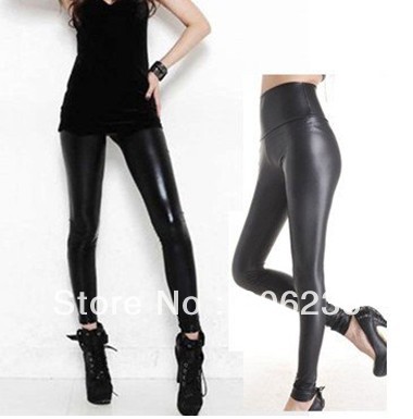 High Waist Black Stretchy Leather Leggings  B410