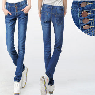 High waist denim buttons zipper female skinny jeans long pants