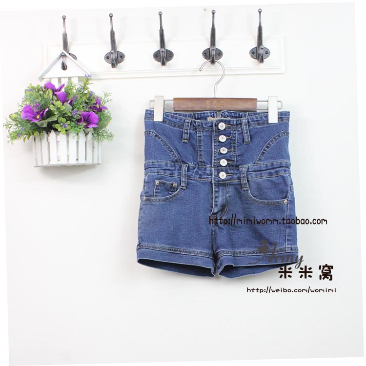 High waist pants vintage denim female loose single breasted high waist shorts elastic legging shorts