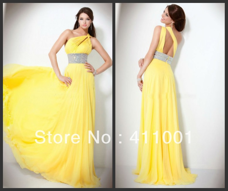 Hight Quality One-shoulder Yellow Long Elegant Evening/formal Dress Prom Pegeant Gown Rhinestone Waist Band S M L XL XXL 3XL