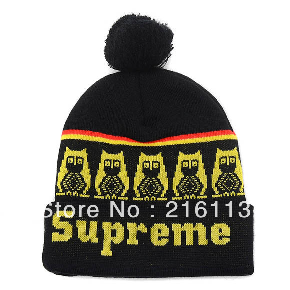 Hip-Hop Unisex Supreme Owl Owls Black with Yellow Beanies Wen's Women's Winter knit Cotton wool Hats Snapback caps 1pcs/lot