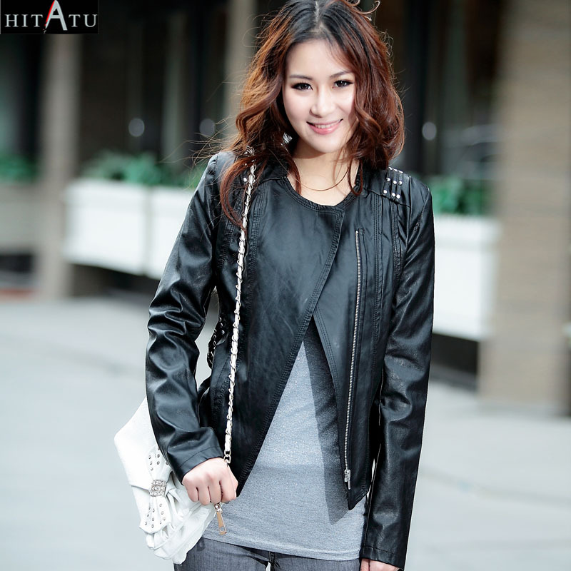Hitatu 2012 autumn PU clothing o-neck rivet short design small leather clothing female outerwear 022