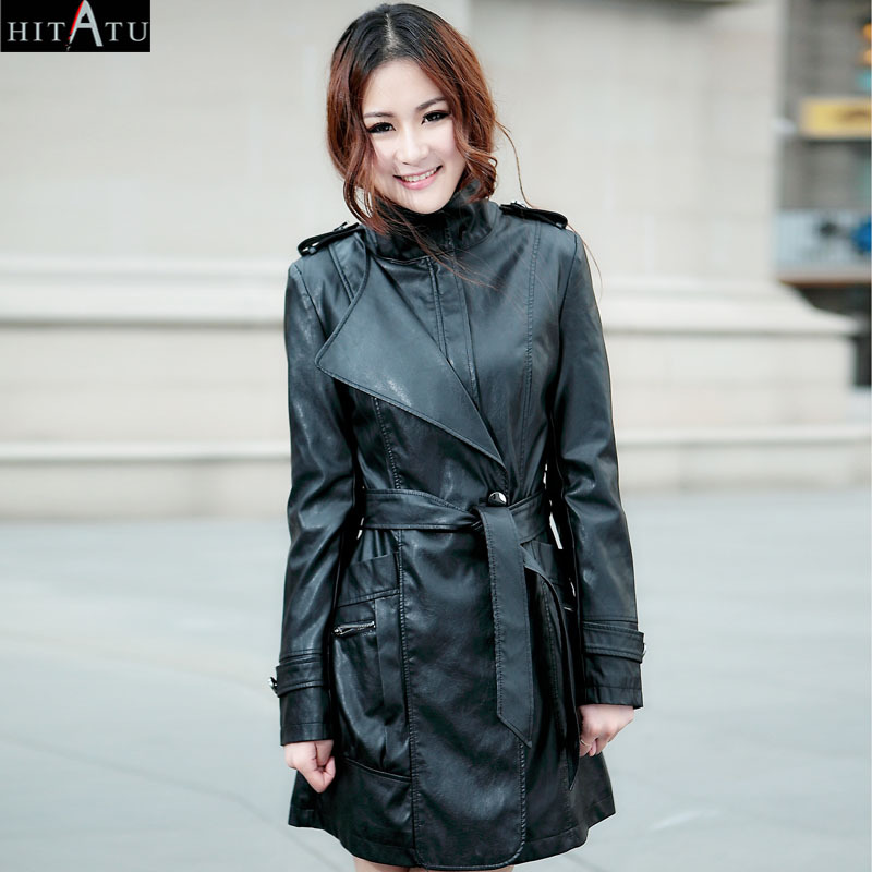 Hitatu 2012 autumn slim motorcycle paragraph PU water washed leather clothing female trench outerwear female 010