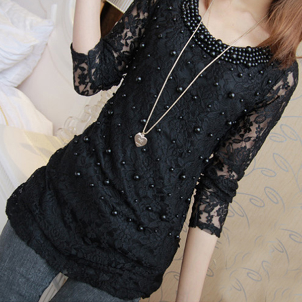 Hitz Korean black lace sleeves large yards in long bottoming shirt female low collar T-shirt white Free Shipping 2013 WGNo55