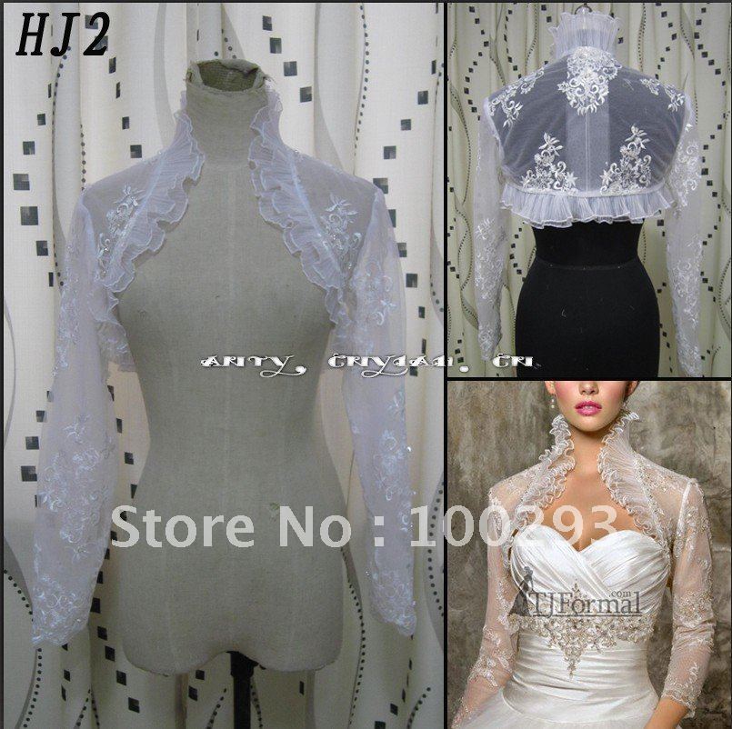 HJ2 Free Shipping High Quality Custom-made Beautiful Lace And Applique High Ruffle Neck White Tuller Bride Jacket