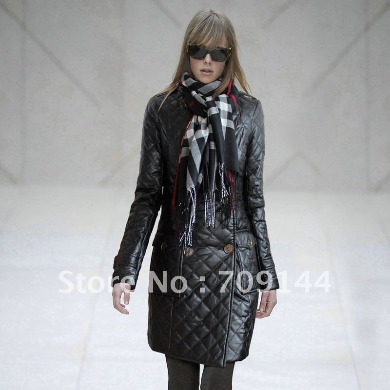 HK  Free Shipping 2012 Fashion PU Leather Long Down Coat Women Winter Coat  With Shawl 3 Color S M L XL