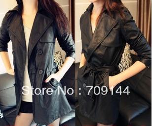 HK Free Shipping Double-breasted Washed Leather Trench Coat Leather Coat Women Coat  M L