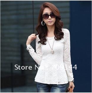HK Free Shipping Fashion High Quality Long-sleeve Lace Bottoming Shirt Women Blouse Color:White Black Size:M L XL