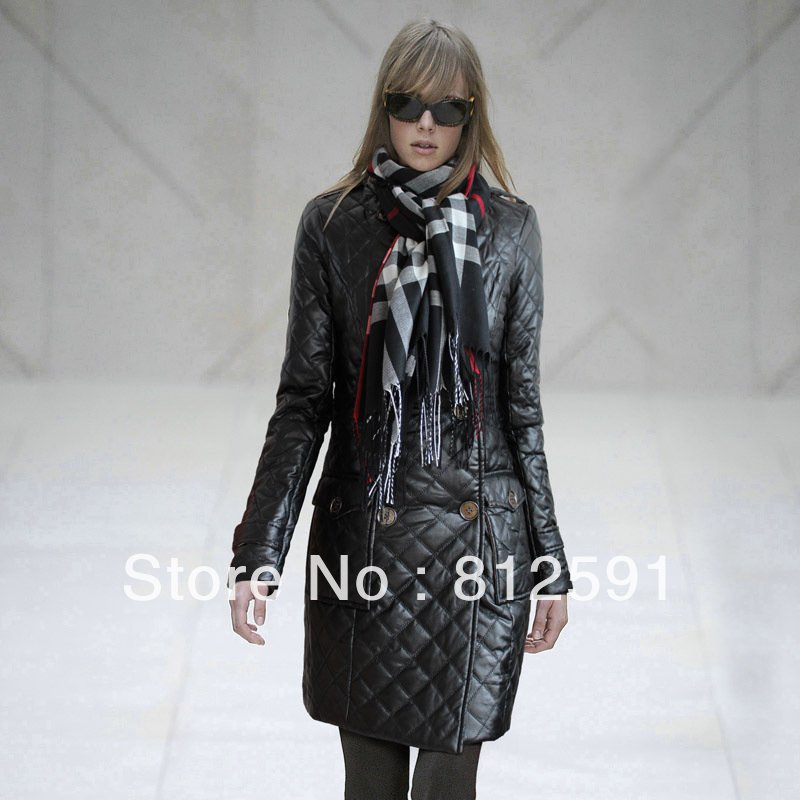 HK Free Shipping Fashion PU Leather Long Down Coat Women Winter Coat With Shawl 3 Color S M L XL