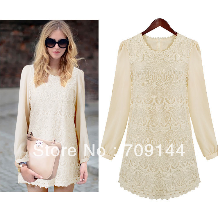 HK Free Shipping Fashion Slim Openwork Lace Long-sleeved Dress Women Dress  S M L