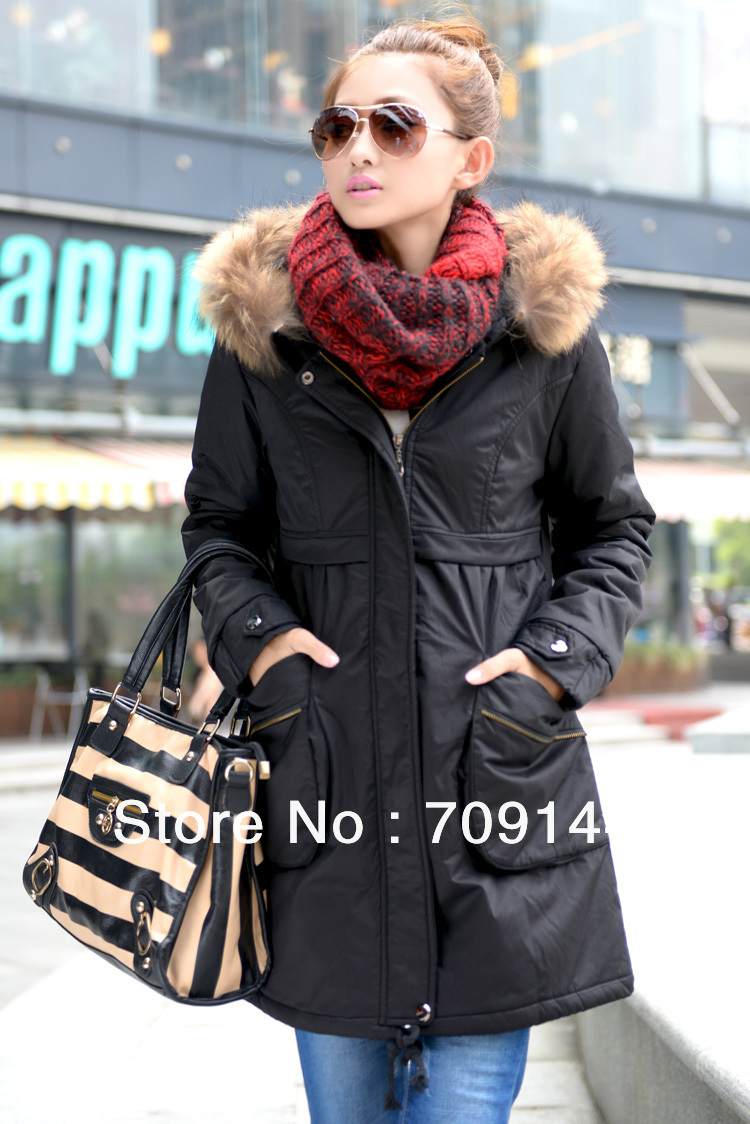 HK Free Shipping Fashionable Fur Collar thickening Cotton Coat Women Winter Coat  Black Green Orange S M L XL XXL