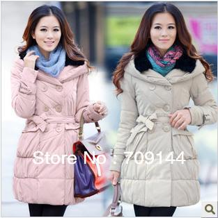 HK Free Shipping Fashionable Rabbit Fur Collar Double-breasted Coat Cotton Coat Women Winter Coat  Black Pink Beige M L XL XXL