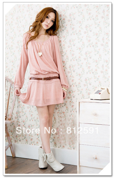 HK Free Shipping Sweet Preppy Style Round Neck Solid Color Cotton Skirt Slim Primer Dress Women Dress