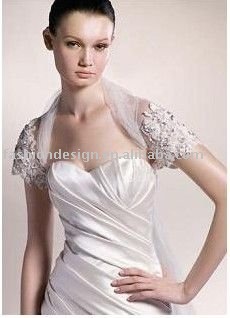 HLK00150 Stunning lace appliqued short sleeve with crystals tulle wedding and evening jacket