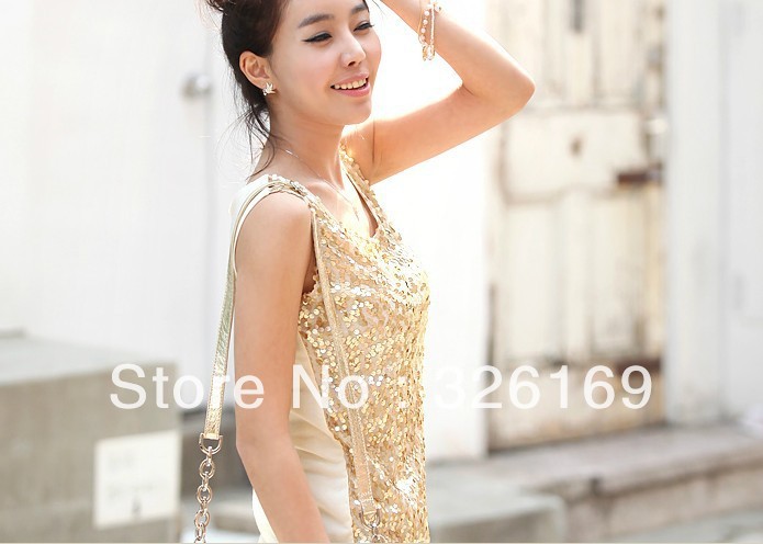 HM-047 Free Shopping Women wear long sequined sleeveless gilets female backing blouse