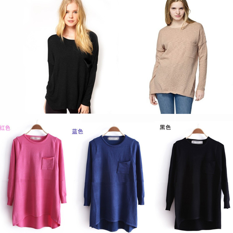 Hm autumn and winter o-neck long-sleeve women's chest pocket sweater pullover sweater female free shipping