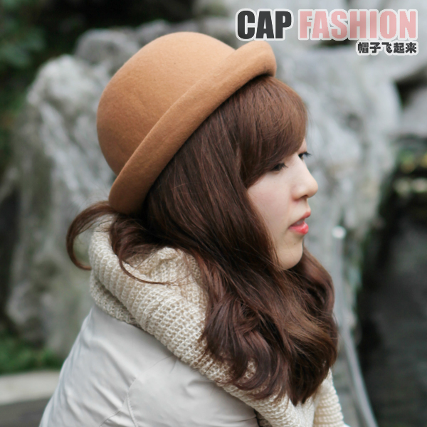 Hm candy color fashion hollow roll-up hem small fedoras pure wool dome small round hat autumn and winter female