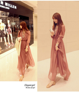 Hm pleated bohemia chiffon jumpsuit full dress female vl twinset beach long-sleeve dress