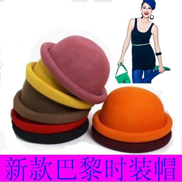 Hm spring and summer candy color vintage fashion decoration small fedoras pure wool dome roll-up hem fashion cap