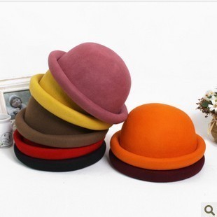 Hm spring and summer candy color vintage fashion decoration small fedoras pure wool dome roll-up hem fashion cap Free Shipping