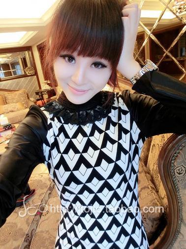 Hold 2012 fashion patchwork faux leather lace stand collar one-piece dress