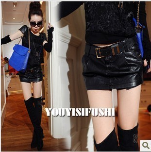Hold street female cool black leather bust skirt with belt