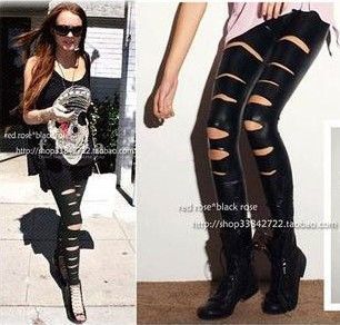 Hole ankle length legging japanned leather pants black glossy