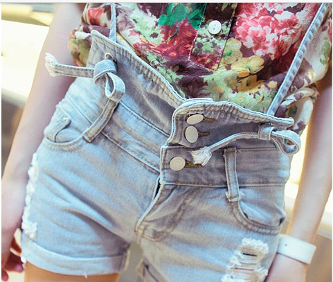 Hole roll-up hem loose high waist denim shorts female 2013 denim bib pants