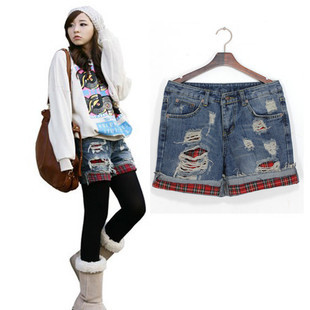 Hole roll-up plaid hem denim shorts female autumn and winter boot cut jeans loose basic