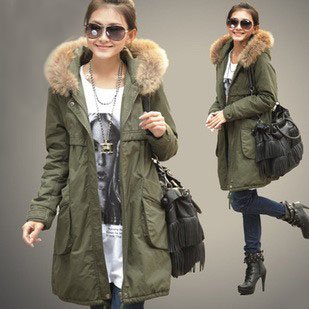 Holiday Sale 2012 Ladies winter raccoon fur collar long windbreaker jacket thickened army green frock cotton-padded coats CW002