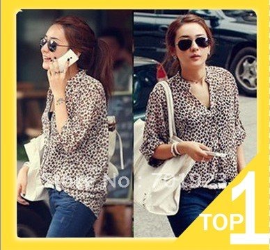 Holiday Sale 2013 Korea style leopard print V Neck turn-up cuff thin long sleeve shirt free shopping Y2011