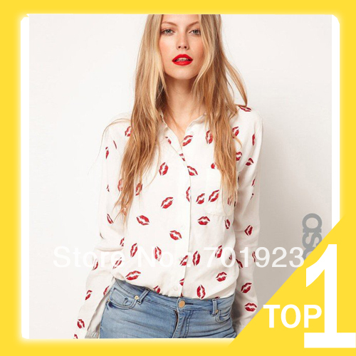 Holiday Sale 2013 new fashion womens' Hot Red lip print chiffon blouse quality elegant casual t shirt slim brand design Y6045