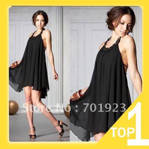 Holiday Sale 2013 new Korean women's summer hot sexy halter neckline jewels chiffon round collar dress Y0017