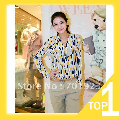 Holiday Sale 2013 new ladies fashion long sleeve V neck satin shirt, elegent satin blouse tops Pink/Yellow Y3542