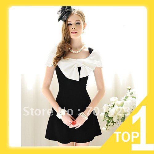 Holiday Sale 2013 spring new black and white shoulder bow elegant juxtaposition wrap type dress Y3487