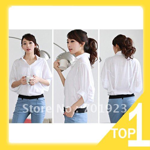 Holiday Sale 2013 Women's Batwing Sleeve Shirt Loose Tops Button Down Collar Blouse Free shipping Y3459